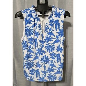 Tahari Women's Large Blue/White Floral Sleeveless Blouse